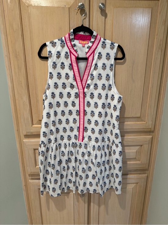 THML Dresses & Skirts - THML White Tunic Dress with Blue Floral Print and Pink Trim